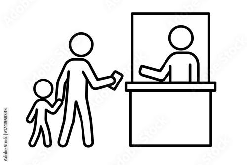 Stick man with child buying ticket at cashier. Parent and kid at box office counter. Family purchasing admission pass for cinema, event or transportation. Vector line icon.