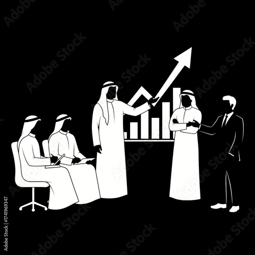 Business meeting with Arab businessmen discussing financial growth and strategies.