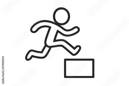 Stick figure jumping over obstacle. Man leaping hurdle. Concept of overcoming challenge, success, progress, growth, career ambition, and motivation. Simple business vector icon.