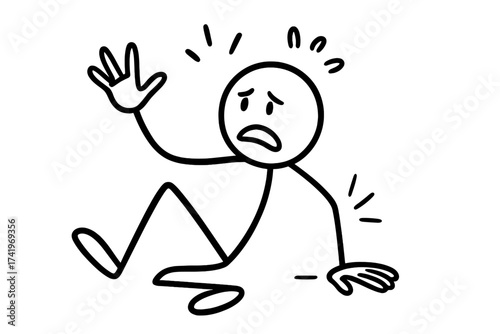 Stick figure fall down. Clumsy man needs help after painful accident. Person hurt, injured character. Concept of danger, problem, health and safety. Vector illustration.