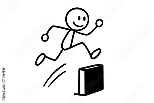 Stickman jumping over obstacle. Concept of success, achievement, and overcoming challenges. Stick figure action sequence. Metaphor for business progress, determination, and goals.