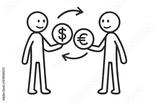 Vector illustration of stick figures making a currency exchange. Concept of money transfer, converting dollars to euros. Global finance, business transaction and forex icon.