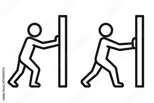 Stickman push and pull door sign vector icon set. Simple pictogram of a person opening or closing a door. Action symbol for entrance. Minimalist line art illustration.