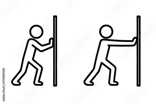 Stickman push and pull door sign icon set. Vector stick figure pushing and pulling. Man action symbol for entrance and exit. Open or close information pictogram. Direction guide.