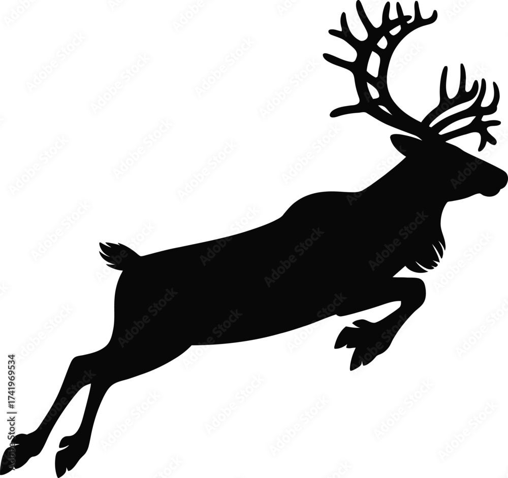 Fototapeta premium Leaping reindeer in full stride a striking black silhouette on transparent background