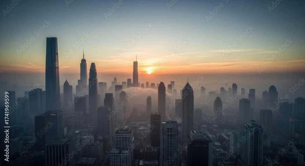 Fototapeta premium Urban skyline at twilight featuring skyscrapers through mist under a warm gradient sky