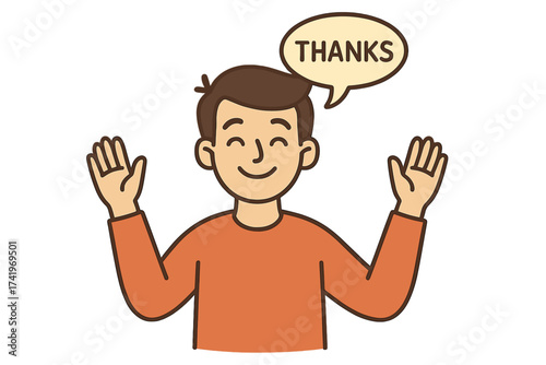 Thank you message with happy man character in flat design. Young person showing gratitude and appreciation. Positive emotion vector icon. Cartoon avatar saying thanks concept.