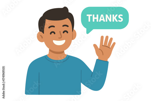 Thank you vector illustration. Happy man character waving hand with thanks speech bubble. Gratitude, appreciation concept. Friendly male person showing positive emotion. Flat design.
