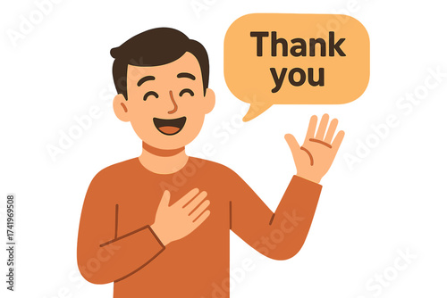 Man says thank you. Happy grateful character shows appreciation and gratitude. Person with speech bubble, hand on chest gesture. Flat vector illustration for thanks message.