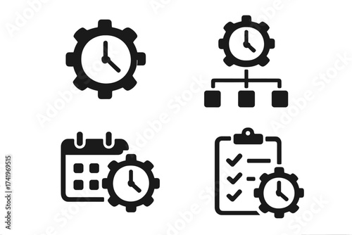 Time management and project planning icon set. Icons for productivity, efficiency, and workflow optimization. Schedule, deadline, and task management vector symbols. Business process.