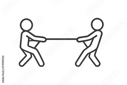 Tug of war vector icon. Two stick figures pulling a rope in opposite directions. Concept of competition, conflict, struggle, opposition, strength, and business rivalry.