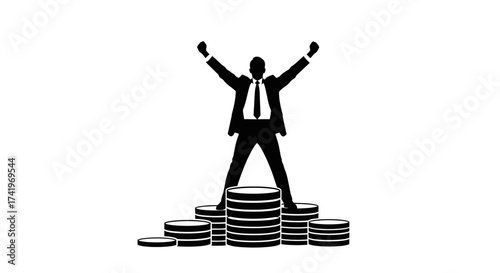 Triumphant businessman celebrating financial success standing tall on stacks of golden coins with arms raised in victory