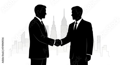 Two silhouetted businessmen in suits confidently shake hands against a backdrop of modern city skyscrapers symbolizing partnership and success