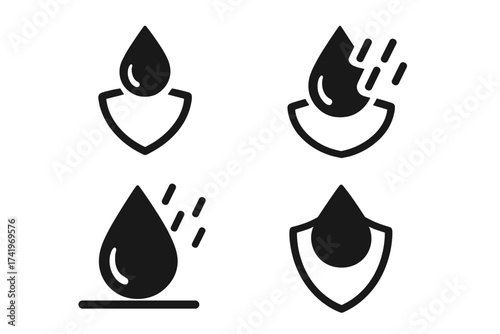 Waterproof icon set. Water resistant and repellent symbol collection. Impermeable, hydrophobic liquid protection. Drop, rain, and moisture defense shield. Durable fabric quality vector.