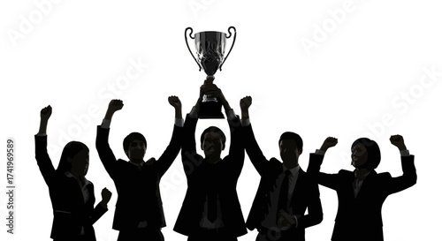 Joyful business team celebrates victory holding up a gleaming trophy, arms raised in triumph, signifying success and achievement.