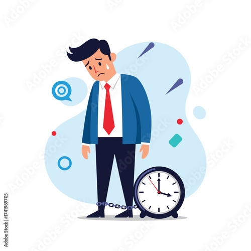 Depressed businessman chained to a clock feeling stressed and anxious about deadlines.