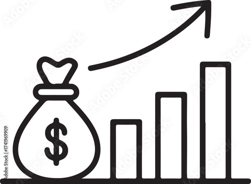 Financial thin line icon of a money bag symbolizing wealth and savings silhouette