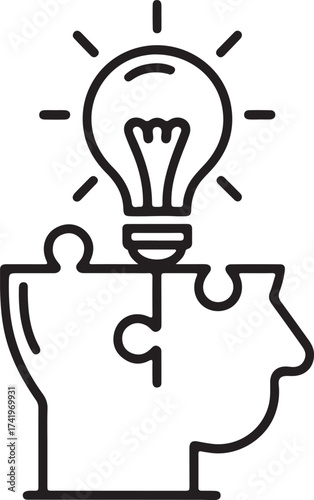 Thin line icon symbolizing idea generation and problem solving with a puzzle head concept silhouette