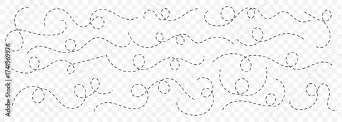 Abstract wavy squiggle dashed line collection. Dotted spiral curve line. Transport dot paths lines. Minimal squiggle divider, loopy line vector icon isolated. Thin line abstract doted swirl path. 