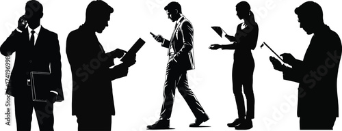 Business casual silhouettes of professionals using digital devices in a group setting