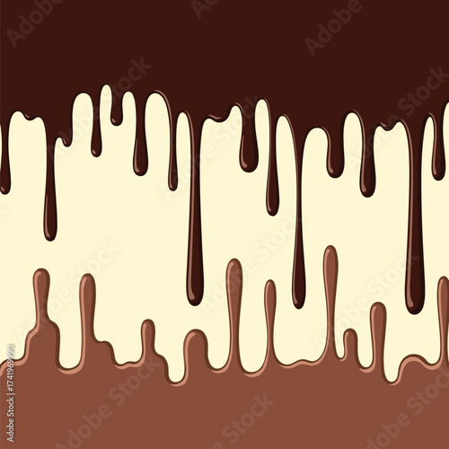 Rich molten chocolate dripping onto a creamy vanilla background creating a decadent dessert.