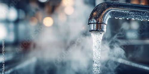 Hot water streaming from chrome faucet creating steam in a modern clean environment