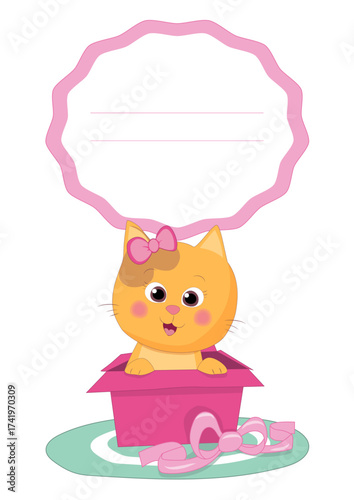 Cute cartoon kitten with a pink bow peeks out of a gift box on a teal mat, surrounded by soft pastel colors and a pink label frame, perfect for a girl’s greeting card design.