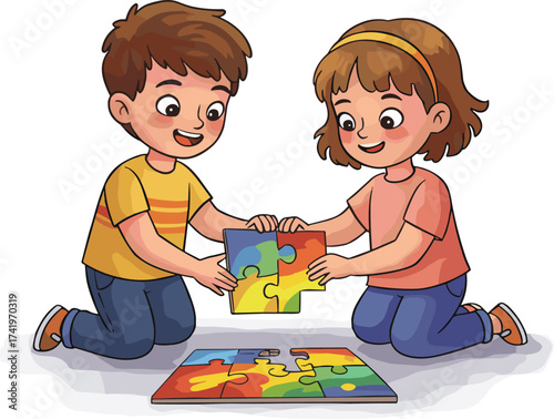 Children teamwork, kids puzzle play, boy and girl smiling, happy learning, problem solving, cooperation, family bonding, educational activity, fun childhood, playtime