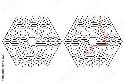 Vector Hexagonal delta maze or labyrinth game with Included Solution. New idea find, creative maze puzzle