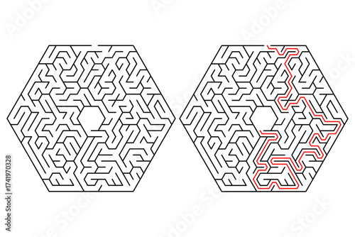 Vector Hexagonal delta maze or labyrinth game with Included Solution. New idea find, creative maze puzzle