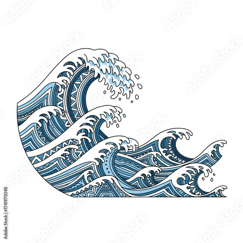 An artistic depiction of powerful ocean waves crashing against the shore.