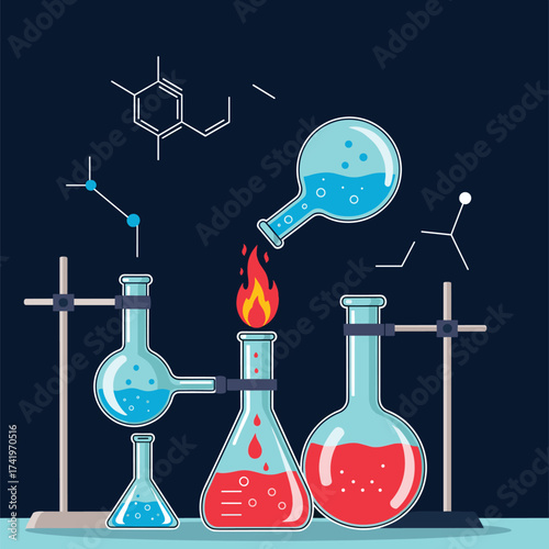 A scientific laboratory experiment with glowing liquids and molecular structures.
