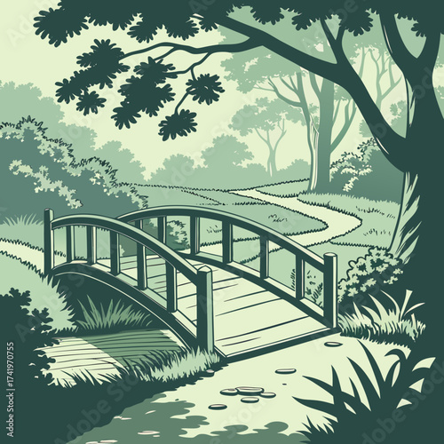 Enchanting forest scene with a charming wooden bridge crossing a winding path, evoking peaceful walks and nature's beauty, ideal for serene designs