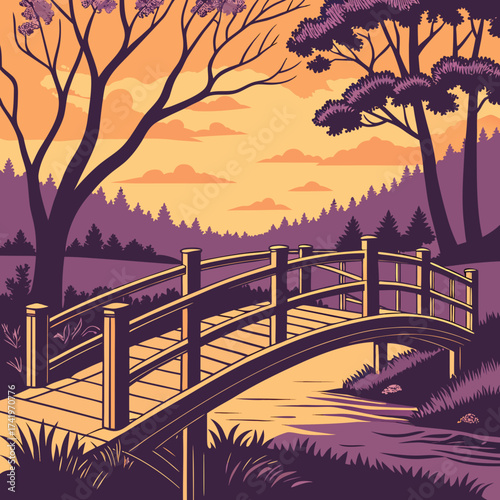 Enchanting landscape illustration featuring a serene bridge at sunset in tranquil nature, perfect for peaceful scenery and relaxation concepts, originally vector