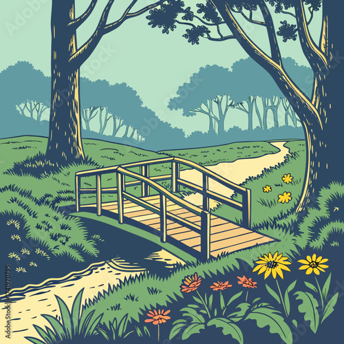 Enchanting woodland scene with rustic footbridge, inviting exploration and serenity, perfect for nature lovers and peaceful escapes, originally a vector design