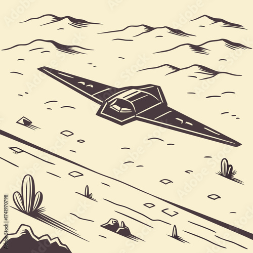 Futuristic aircraft soars above a desolate landscape, evoking a sense of adventure and technological advancement, perfect for science fiction stories