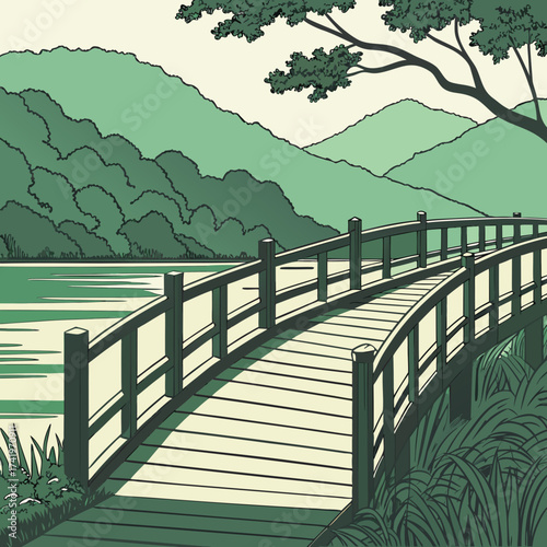 Serene Japanese garden landscape with wooden bridge and lush green trees, evoking tranquility and peace in a classic, timeless composition