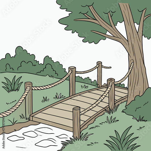 Serene wooden bridge illustration with rope railings and lush green foliage, perfect for nature scenes, fairytale designs, and whimsical children's books
