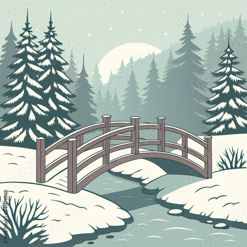 Serene winter landscape features a snow-covered bridge over a gentle stream surrounded by evergreen trees, evoking peace and tranquility