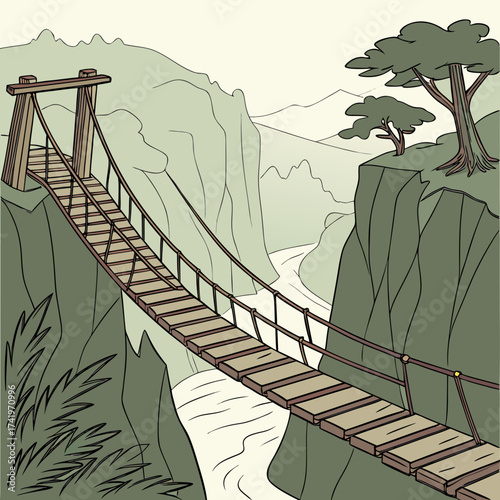 Suspension bridge adventure, crossing a river gorge, surrounded by nature, travel to scenic destinations, freedom and exploration, discover new landscapes