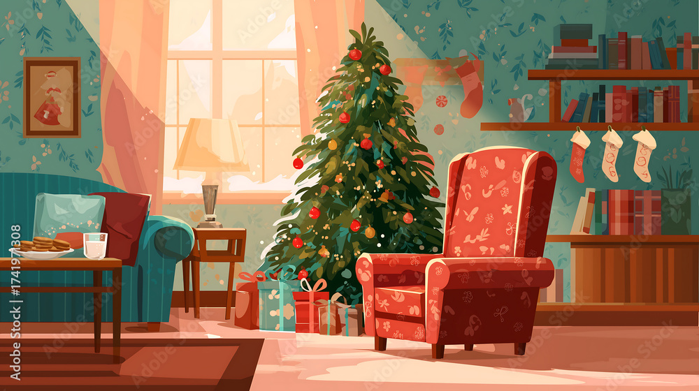 Obraz premium Christmas living room illustration with tree gifts and cozy armchair