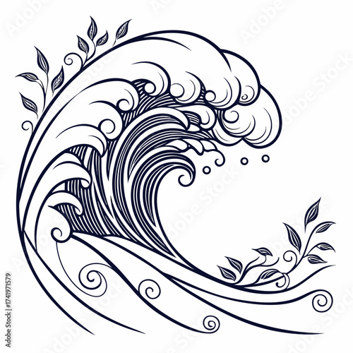 Ornate Wave Illustration with Floral Accents in Dark Blue