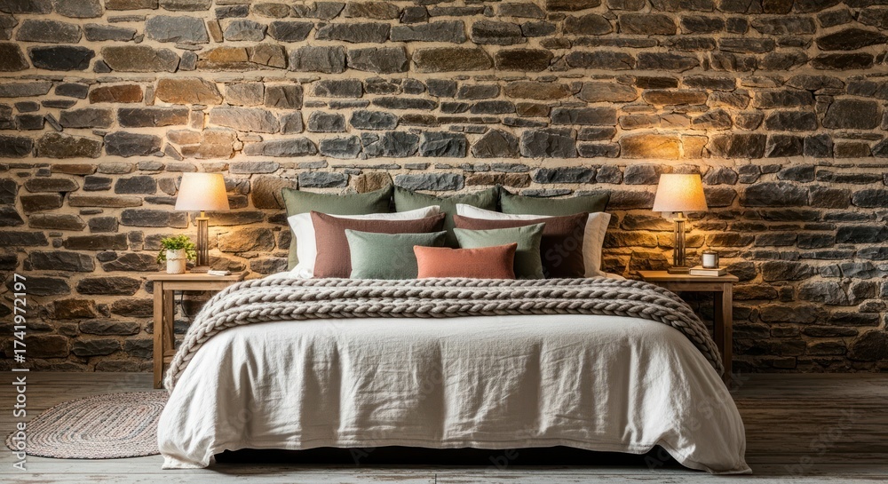 Naklejka premium Cozy Rustic Bedroom with Natural Stone Wall, Layered Bedding, and Warm Ambient Lighting