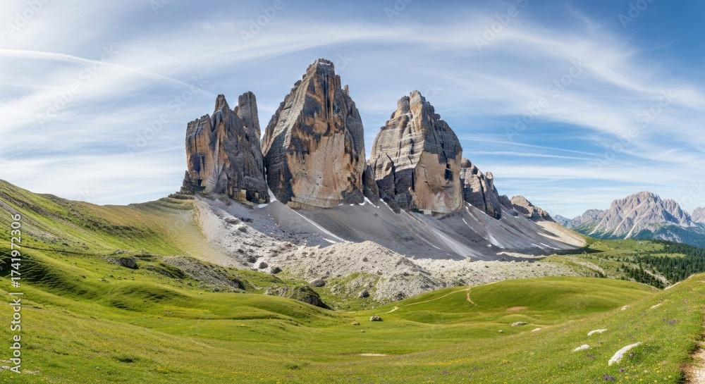 Obraz premium Panoramic view of towering rocky mountains amidst lush green fields under clear sky