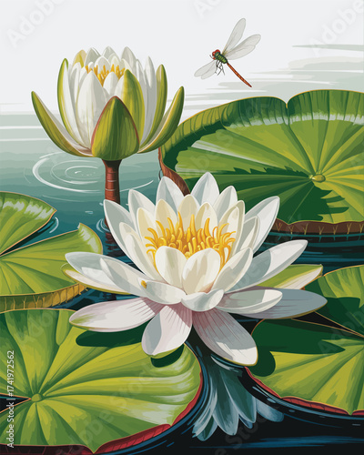Two white water lilies with yellow centers and a dragonfly in flight above lily pads water lily lotus