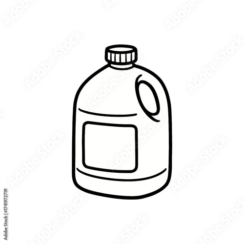 Black and white line drawing of a plastic gallon bottle with a handle and cap, commonly used for liquids like detergent or water.