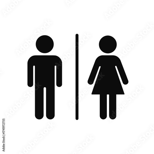 Minimalist black and white icon of man and woman separated by a vertical line, commonly used for restroom signs.