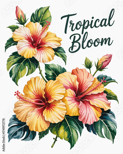 Vibrant Yellow and Pink Hibiscus Flowers with Green Leaves and Tropical Bloom Text vector illustration