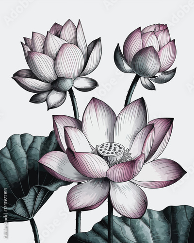 Watercolor illustration of three pink and white lotus flowers with green leaves on a white background
