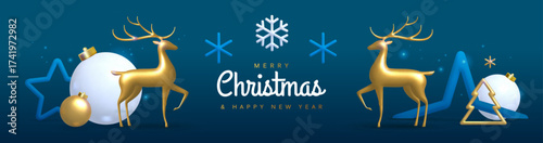 Christmas holiday blue background with 3D plastic and metallic baubles, deer figurines and toys. Christmas greeting card, poster, banner. Vector illustration